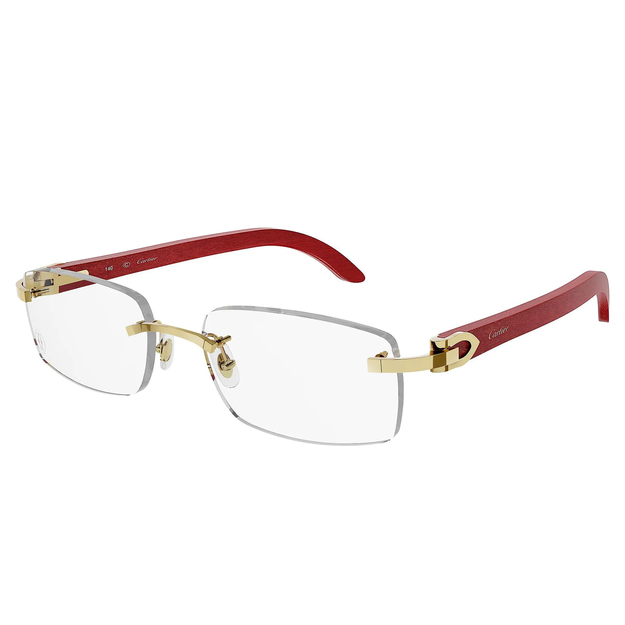 Front Side View of Cartier Eyewear CT0052O-006 Transparent Gold Red Rimless Sunglasses